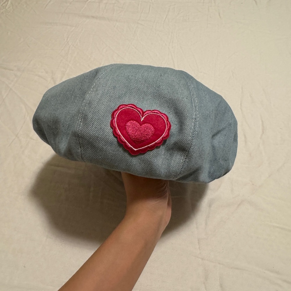 Women Denim Beret with Pink Heart Patch